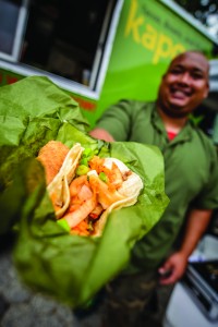 Kimchi tacos at Kapow Food Truck include Korean beef, kimchi, cilantro and green onions, served on corn tortillas. (Photo by Joe del Tufo)