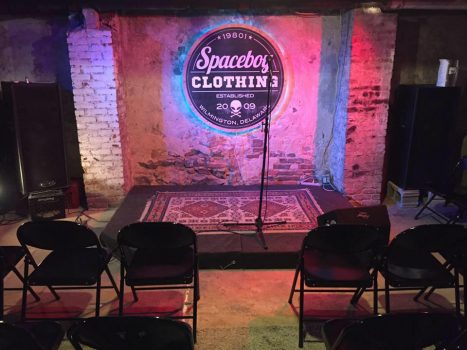 Spaceboy Clothing's basement "comedy club."
