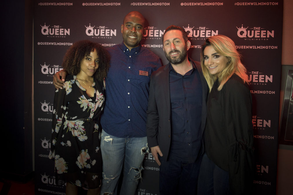 Gathering at the soft opening were (L to R): Jazzi Hall, operations supervisor for The Queen; new General Manager Trenton Banks; Jason Bray, Live Nation Philadelphia Market general manager, and Angela Depersia, operations manager for the Queen. (Photo by Joe del Tufo)
