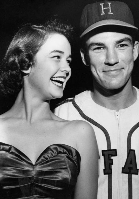 Kathryn Grandstaff, future wife of singer Bing Crosby, grins at the slightly flustered Crimian as he prepares to escort her to a home-plate beauty contest prior to a minor league game in '52. Photo courtesy of the Houston Chronicle