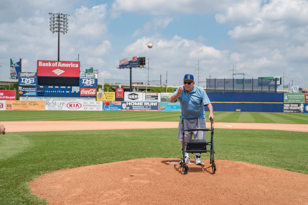 The nonagenarian wanted to deliver a pitch from the Frawley Stadium mound, and the Blue Rocks staff made it happen. Photo Jim Coarse