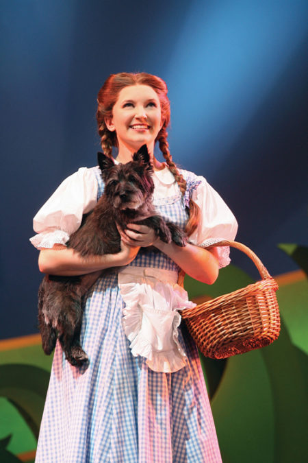 Dorothy (Cassie Okenka) and Toto (Snickers) from the 2008 tour. Photo courtesy of The Playhouse on Rodney Square