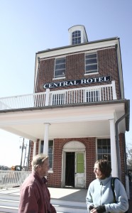 Delaware Ornithological Society officers Bill Stewart and Sally O'Bryne in front of The Central Hotel, the new headquarters for the American Birding Association.