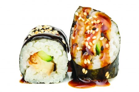 Maki sushi, two rolls isolated on white