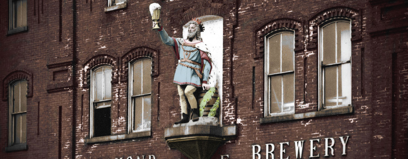 A colorized photo of the King Gambrinus statue on the front of Wilmington's Diamond State Brewery, circa 1947. Photo courtesy of the Delaware Historical Society